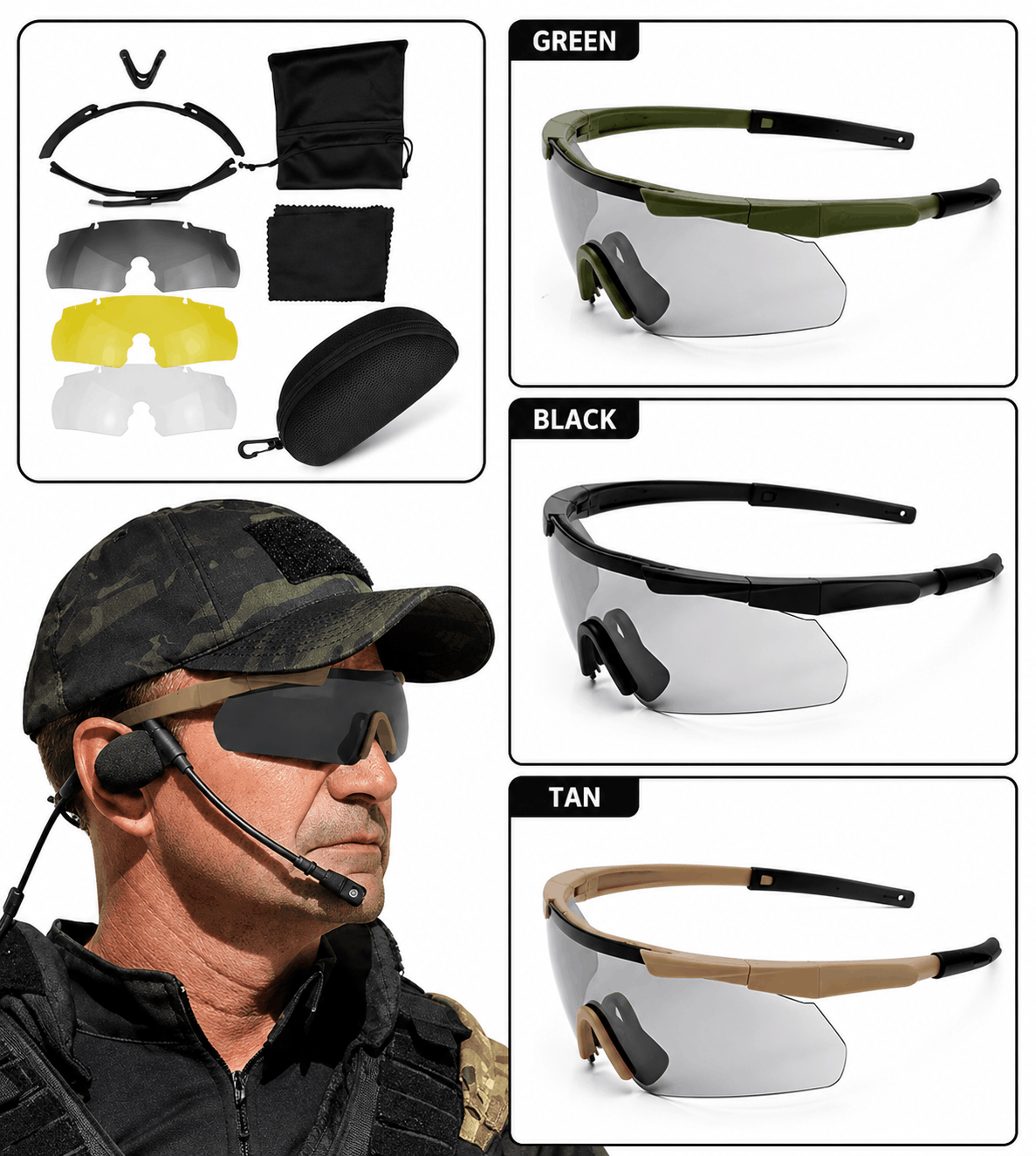 Ochelari tactici de protecție UV cu 3 lentile interschimbabile – rezistenți la impact