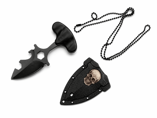 Cuțit de gât cu teacă și lanț cu craniu