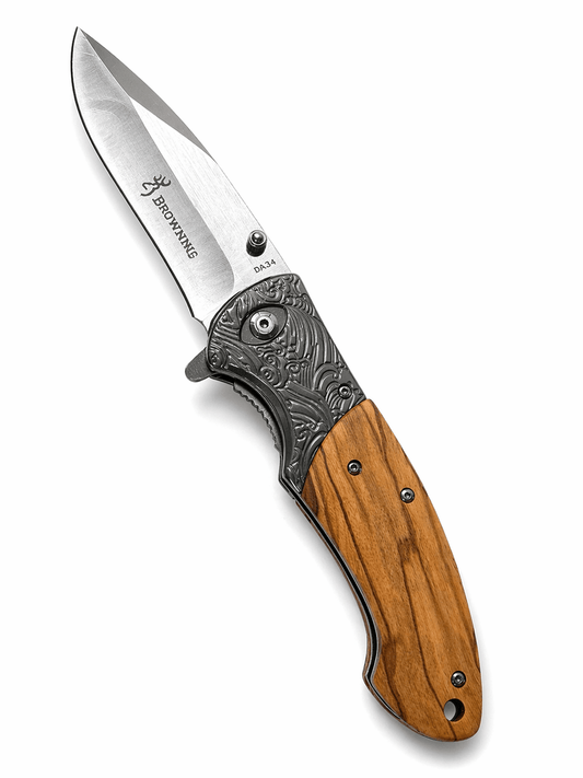 Cuțit pliabil Browning cu mâner din lemn – EDC și camping