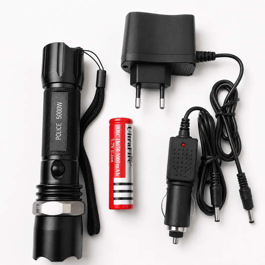 Lanternă LED tactică POLICE 5000W Black Airsoft, set cu încărcător auto