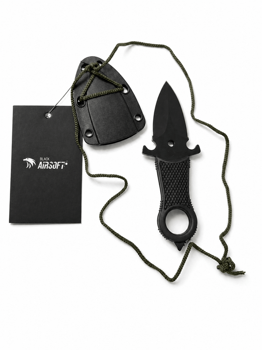 Cuțit tactic pentru gât Halo Black Airsoft cu teacă