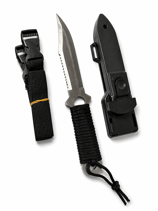 Cuțit tactic Black Airsoft pentru purtare discretă, cu teacă și curele elastice