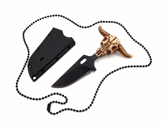 Cuțit de gât cu teacă și pandantiv craniu de taur